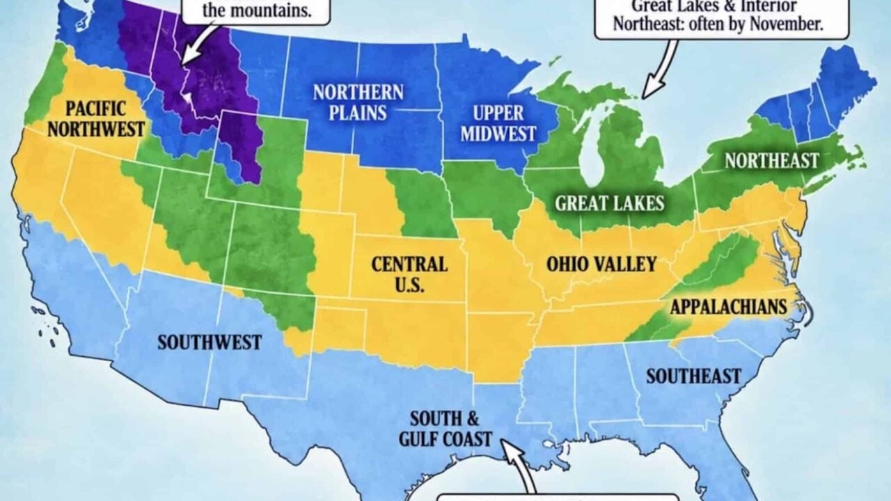 Farmers' Almanac first snowfall map for 2026.