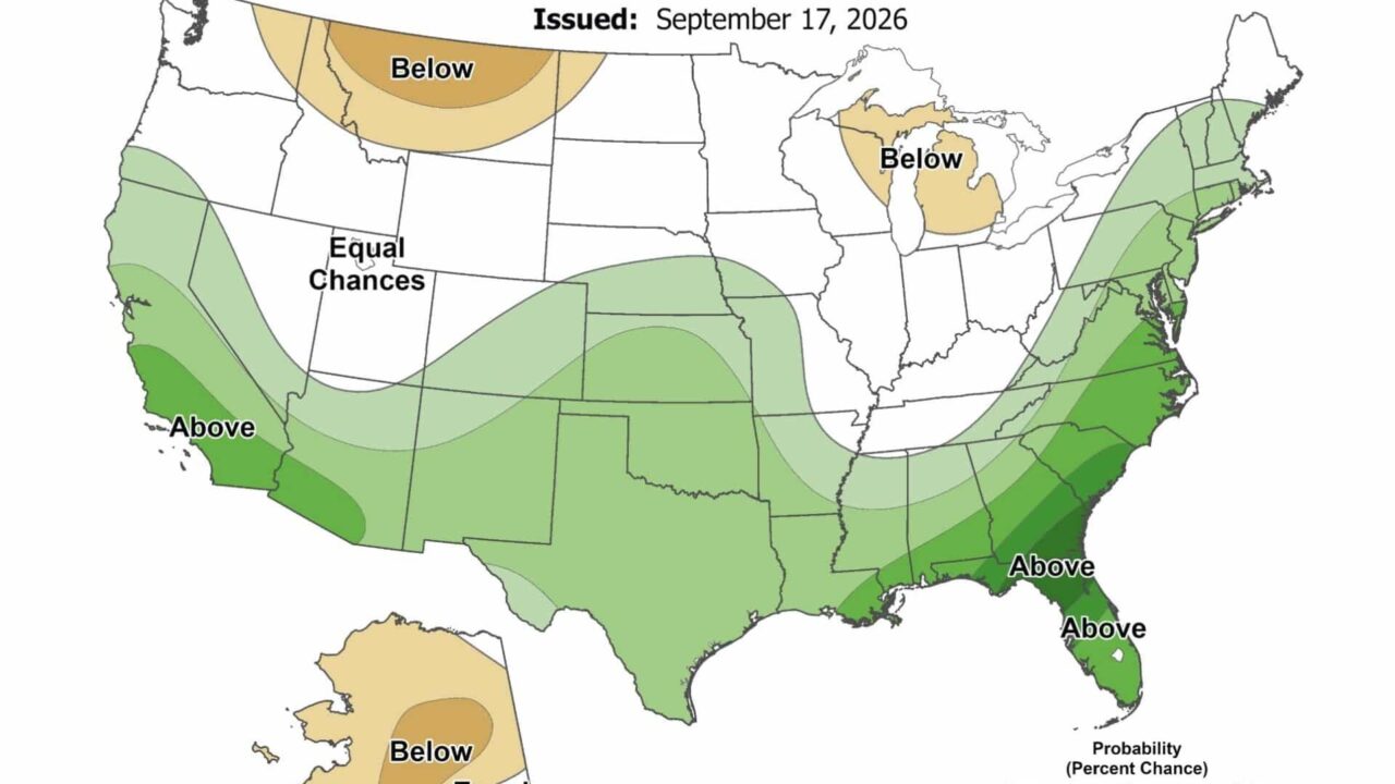 NOAA seasonal precipitation outlook, winter 2026-27.