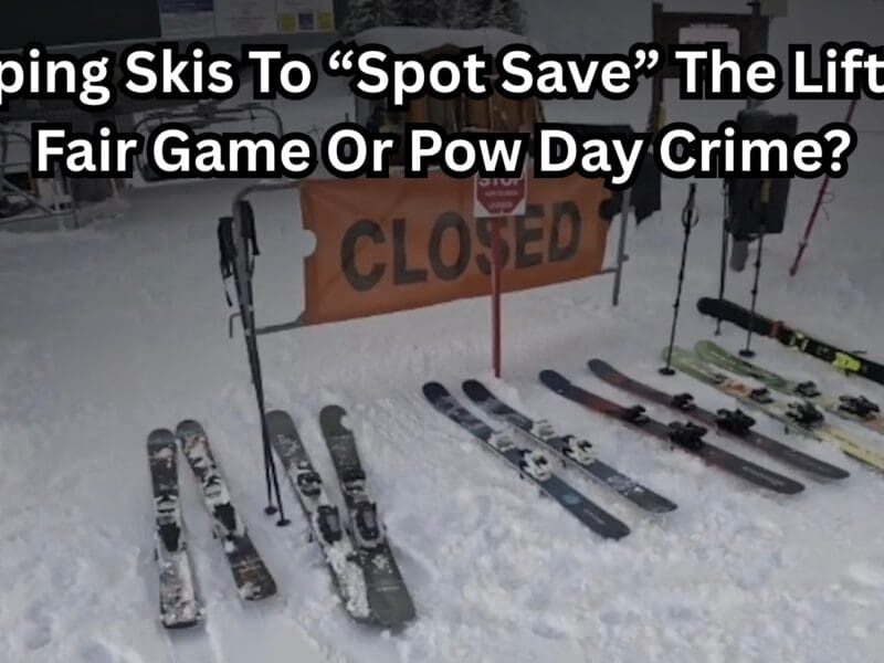 Skis in the snow in a chairlift line