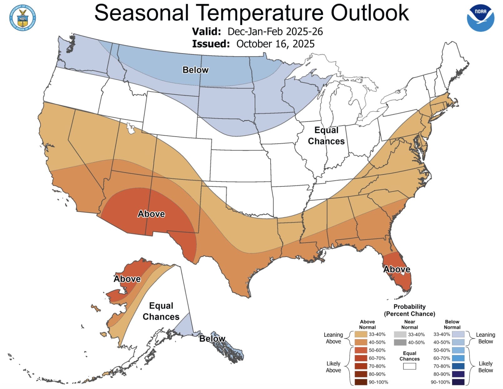 NOAA’s seasonal temperature outlook for winter 2025/26.