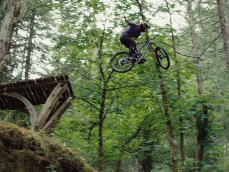 Freeride mountain biking through the rainforest of Vancouver Island.