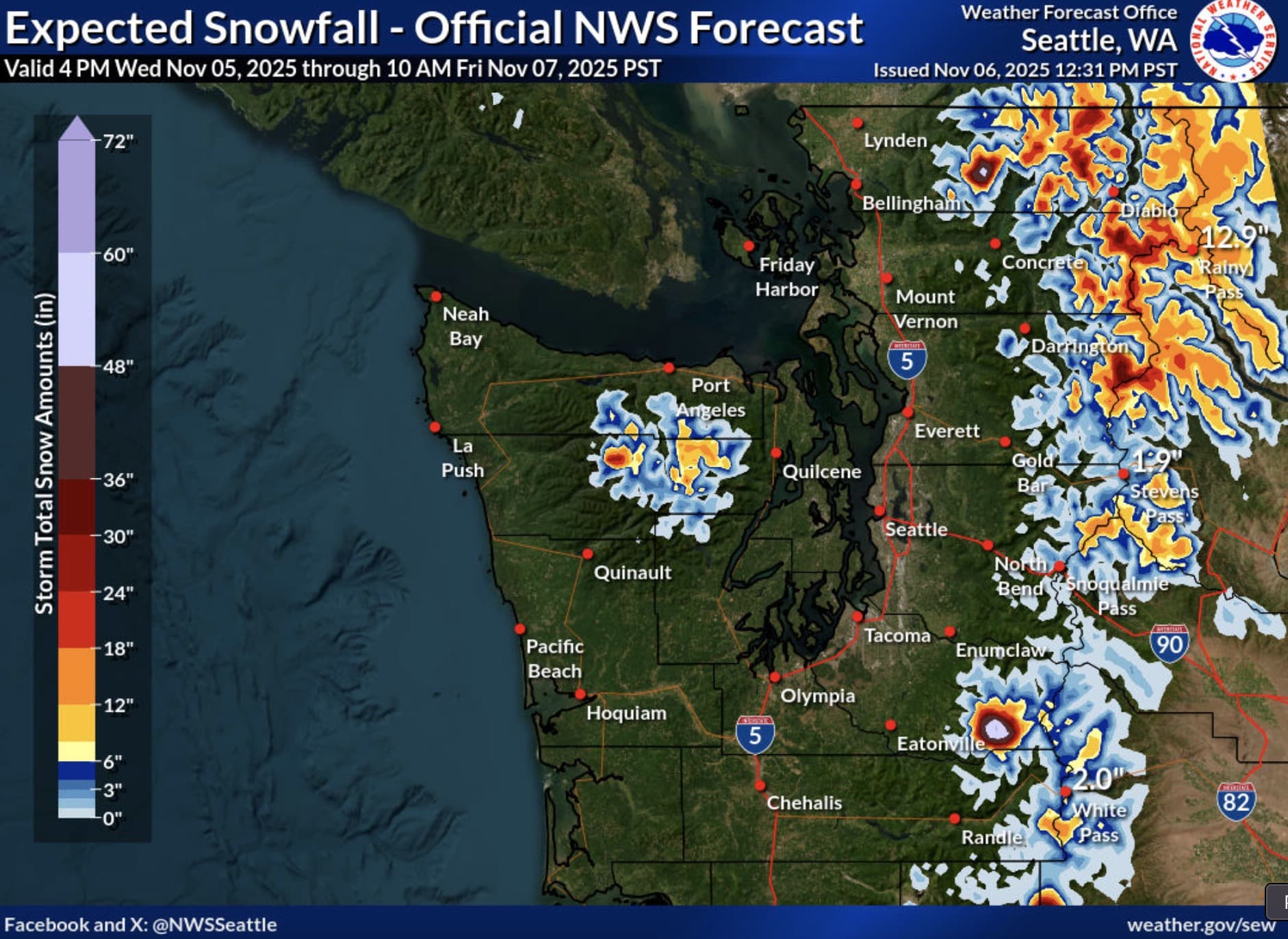 Expected snowfall for Northern Washington state.
