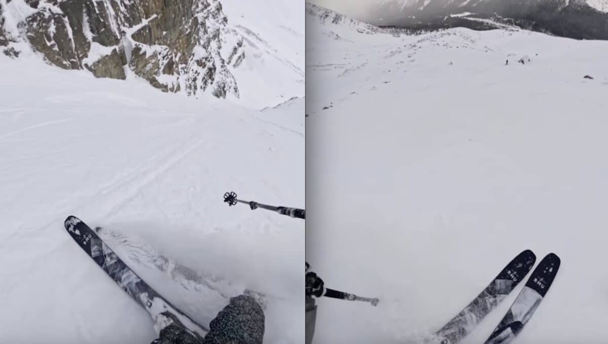 Alex Armstrong skis powder filled couloir on November 10th.