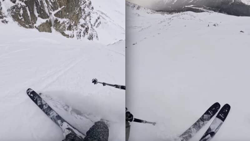 Alex Armstrong skis powder filled couloir on November 10th.