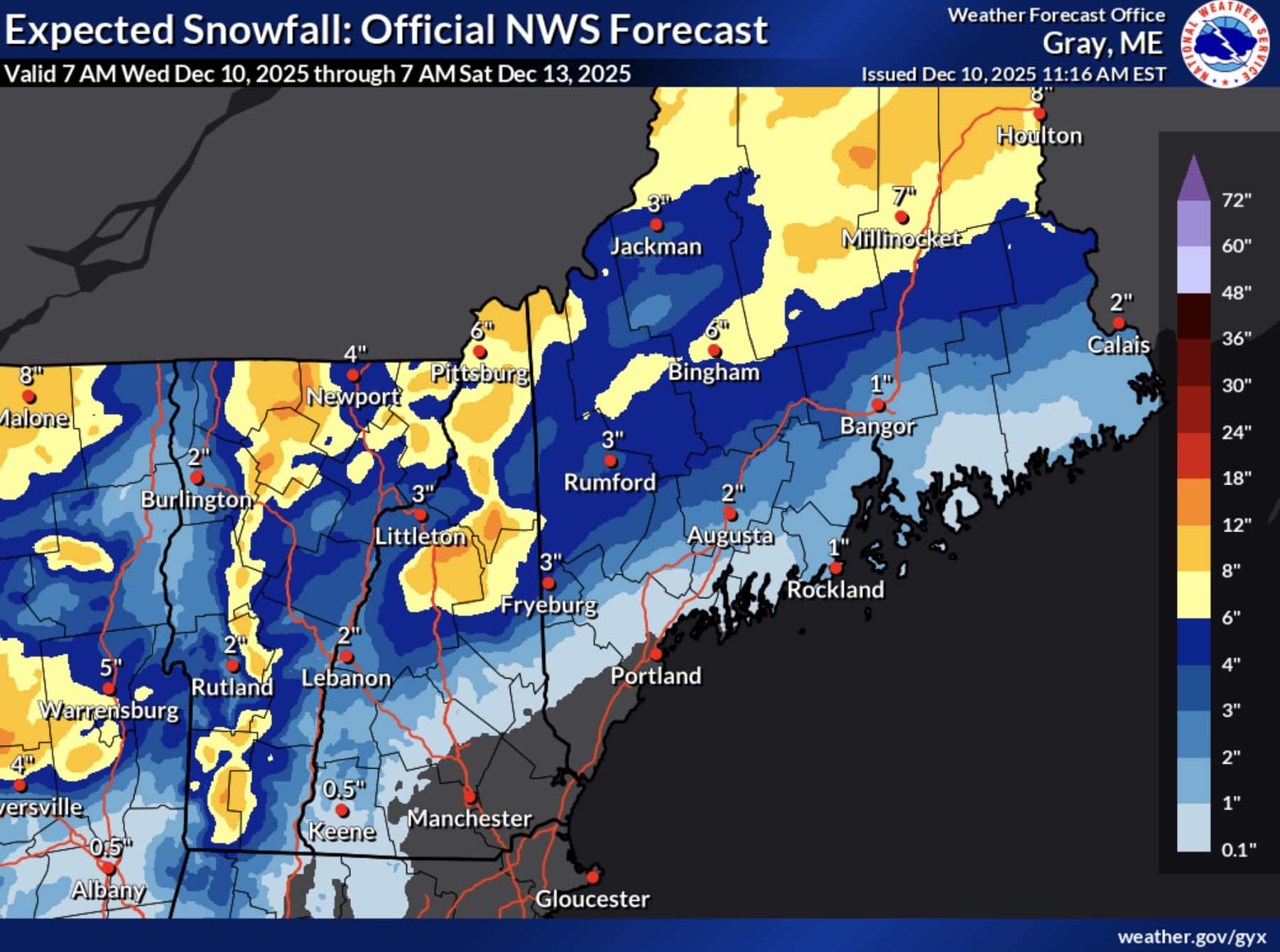 Expected Snowfall for Maine, Vermont, and New Hampshire.