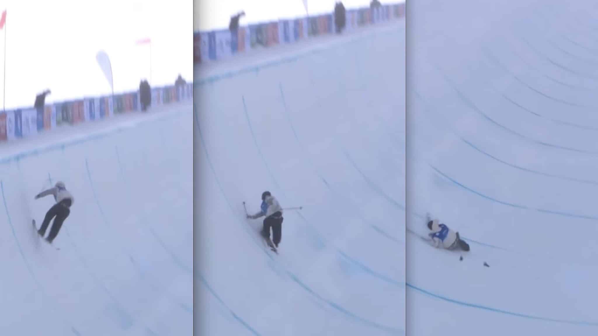 Halfpipe Skier Snaps Both Bindings On Landing