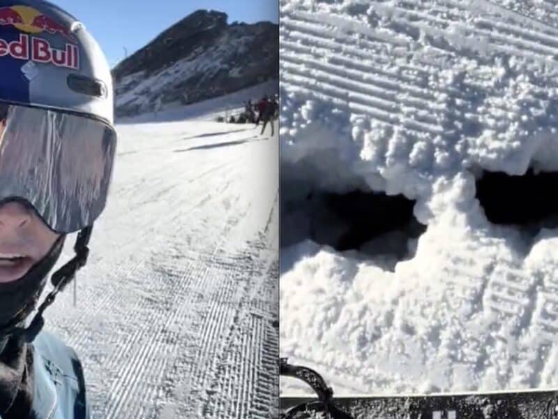 Snowboarder finds crevasse mid-ski run.