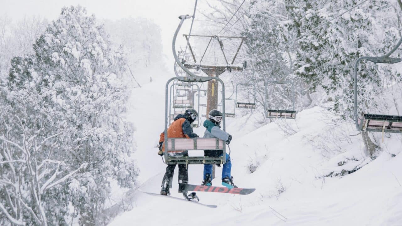 Riding the chairlift in Japan's Hakuba ski village.