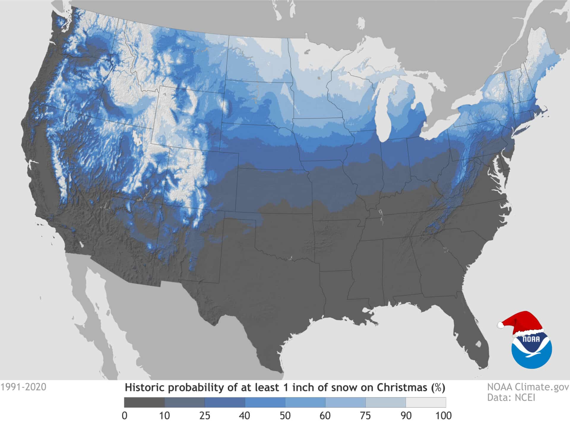 Historic probabilities of a White Christmas.