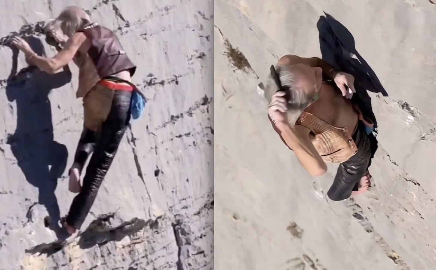 Climber With No Safety Ropes Pauses To Comb His Hair Midway Up A ...