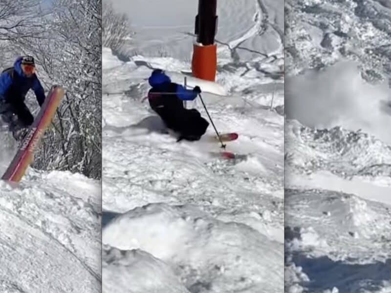 Skier clotheslined by safety rope