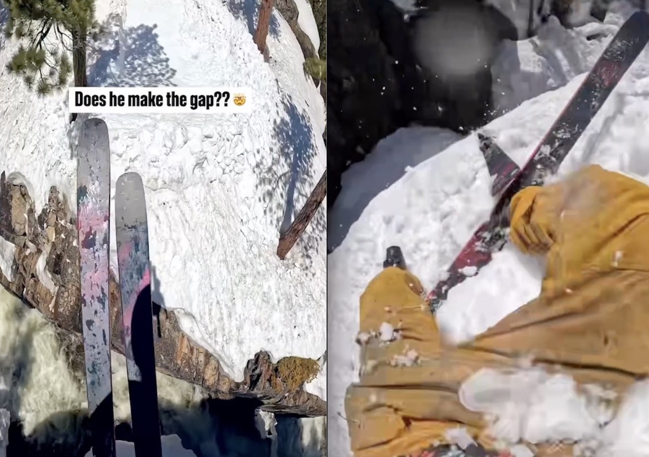 Skier Clings To Cliff After Coming Up Short On River Gap Jump