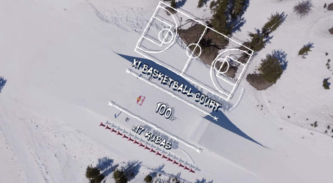 Snowboarders take on a 100 foot jump.