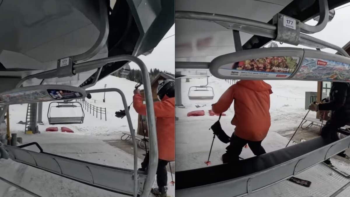 Greedy skier stops chairlift.