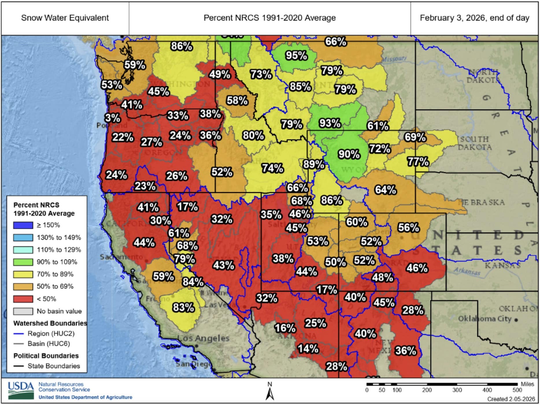 Unusually low snowpack across the Western United States.