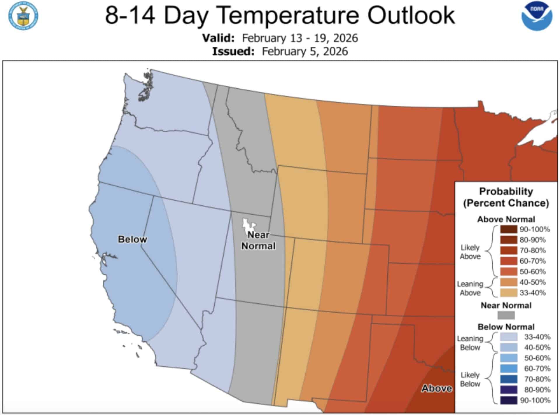 8-14 day temperature outlook across the Western United States.