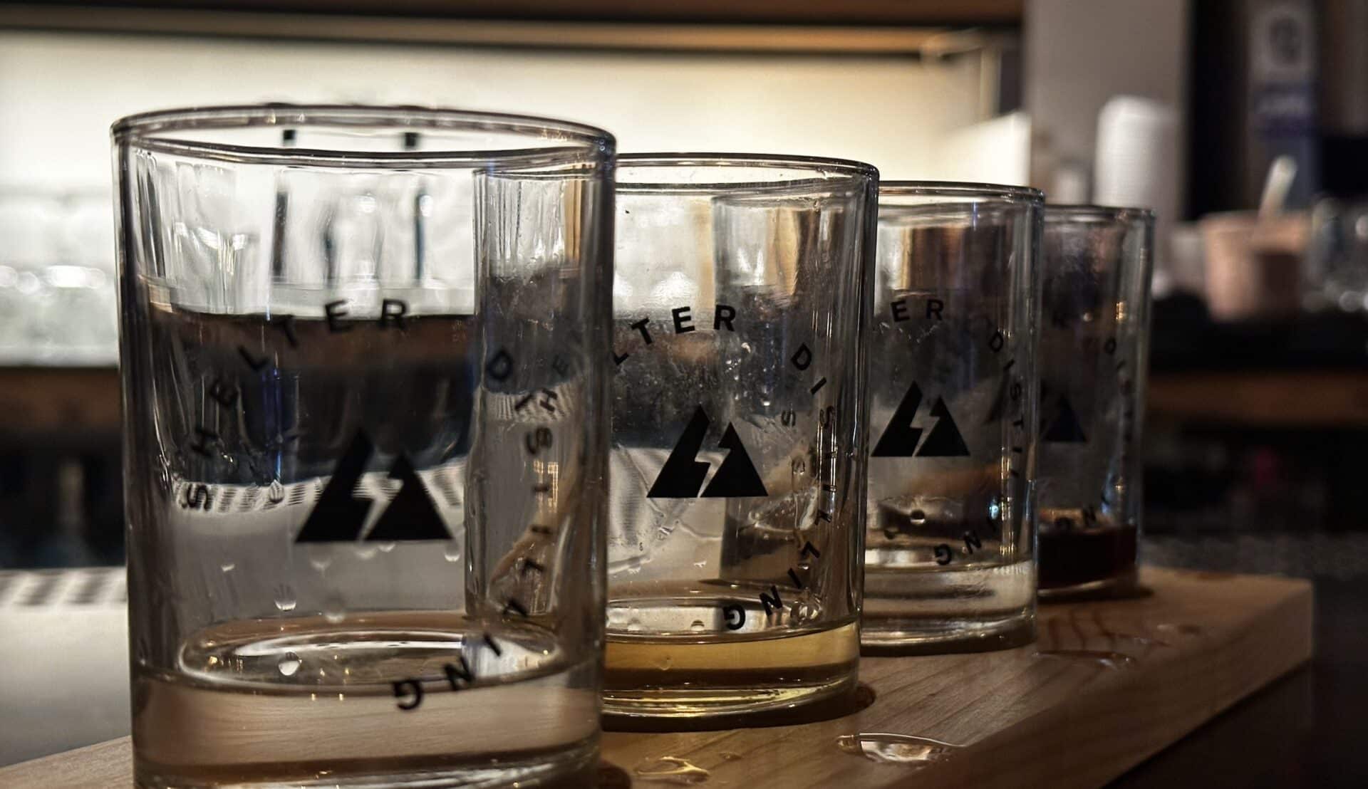Spirit flight at Shelter Distilling. I tasted the Glass Creek Vodka, Aged Stormrider Rum, Blue Agave, and Dawn Patrol, all of which were very good.