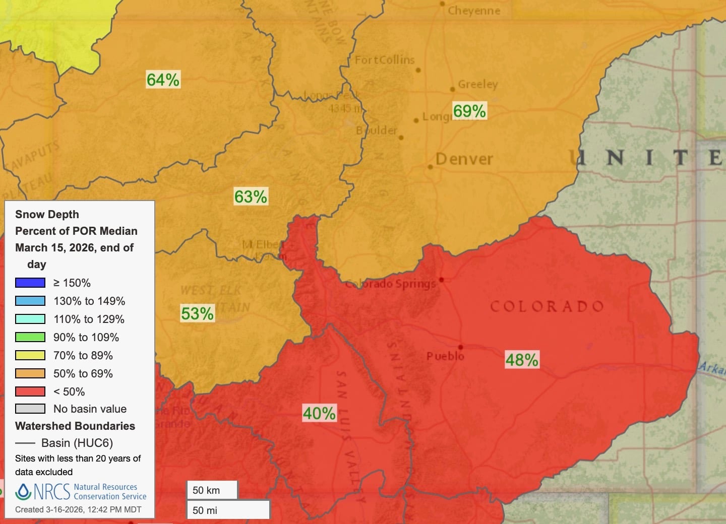 Snow Depth percent of median POR in Colorado as of March 15th.