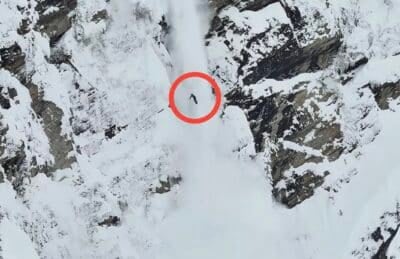 Big Iron Chute snowmobiler survives massive fall
