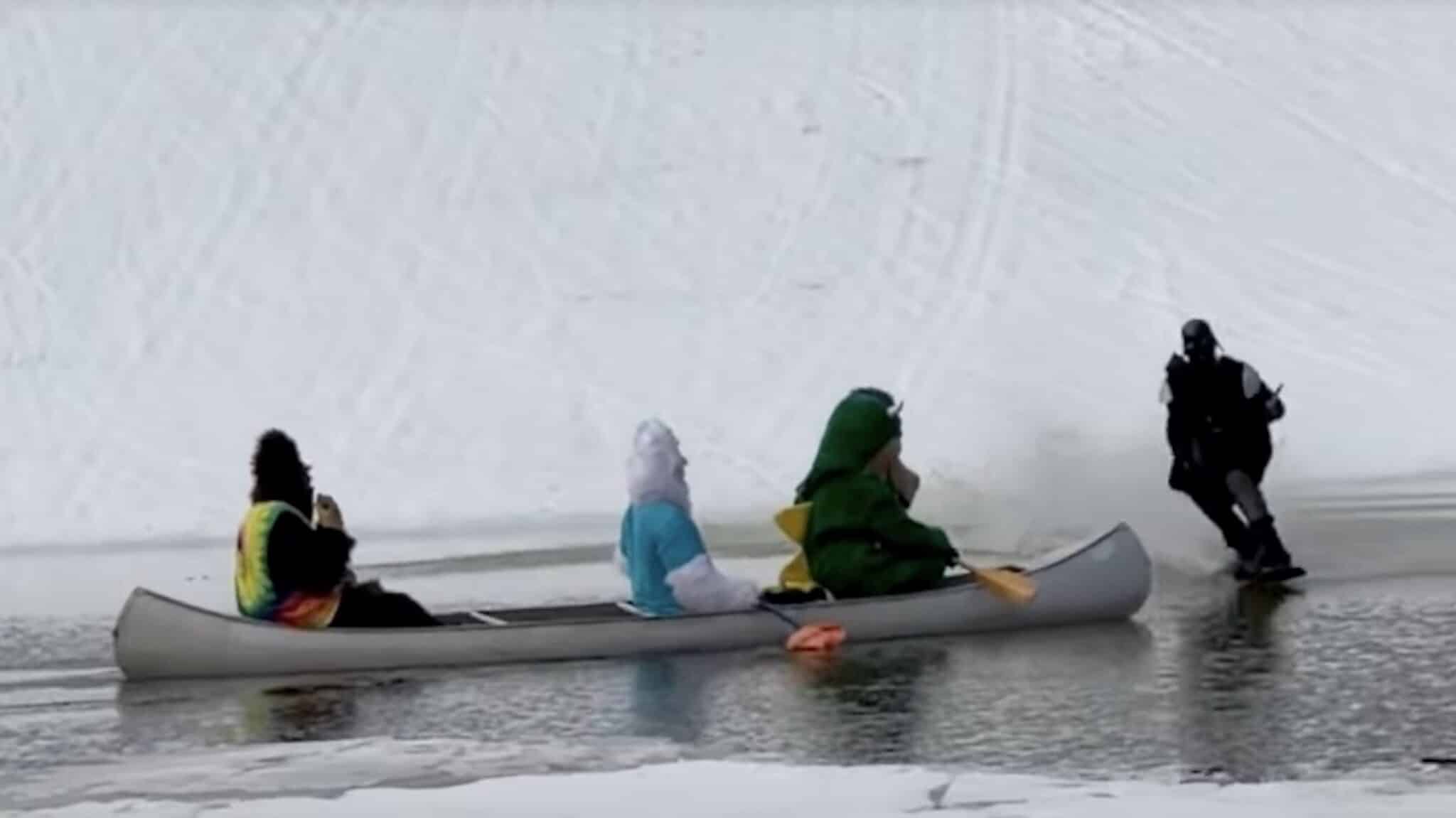 Oregon Skiers Canoe Through Unofficial Pond Skim