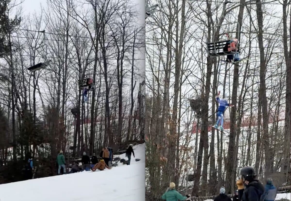Young Skier Dangles & Drops From New Hampshire Chairlift