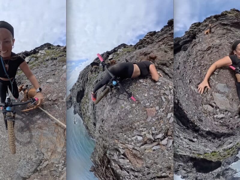 Mountain biker nearly falls off cliff thanks to dog.