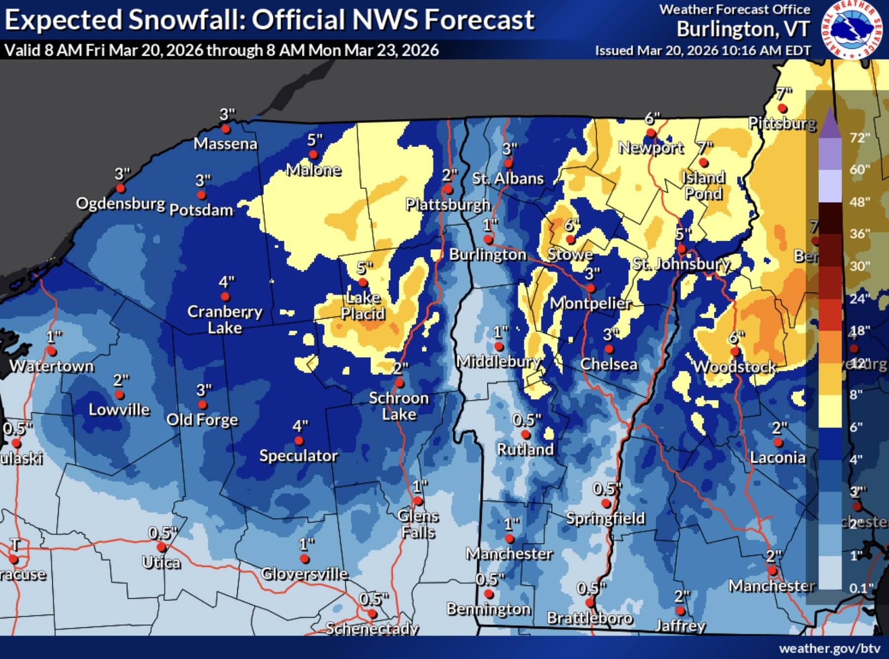 Expected snowfall forecast for northern Vermont and New York.