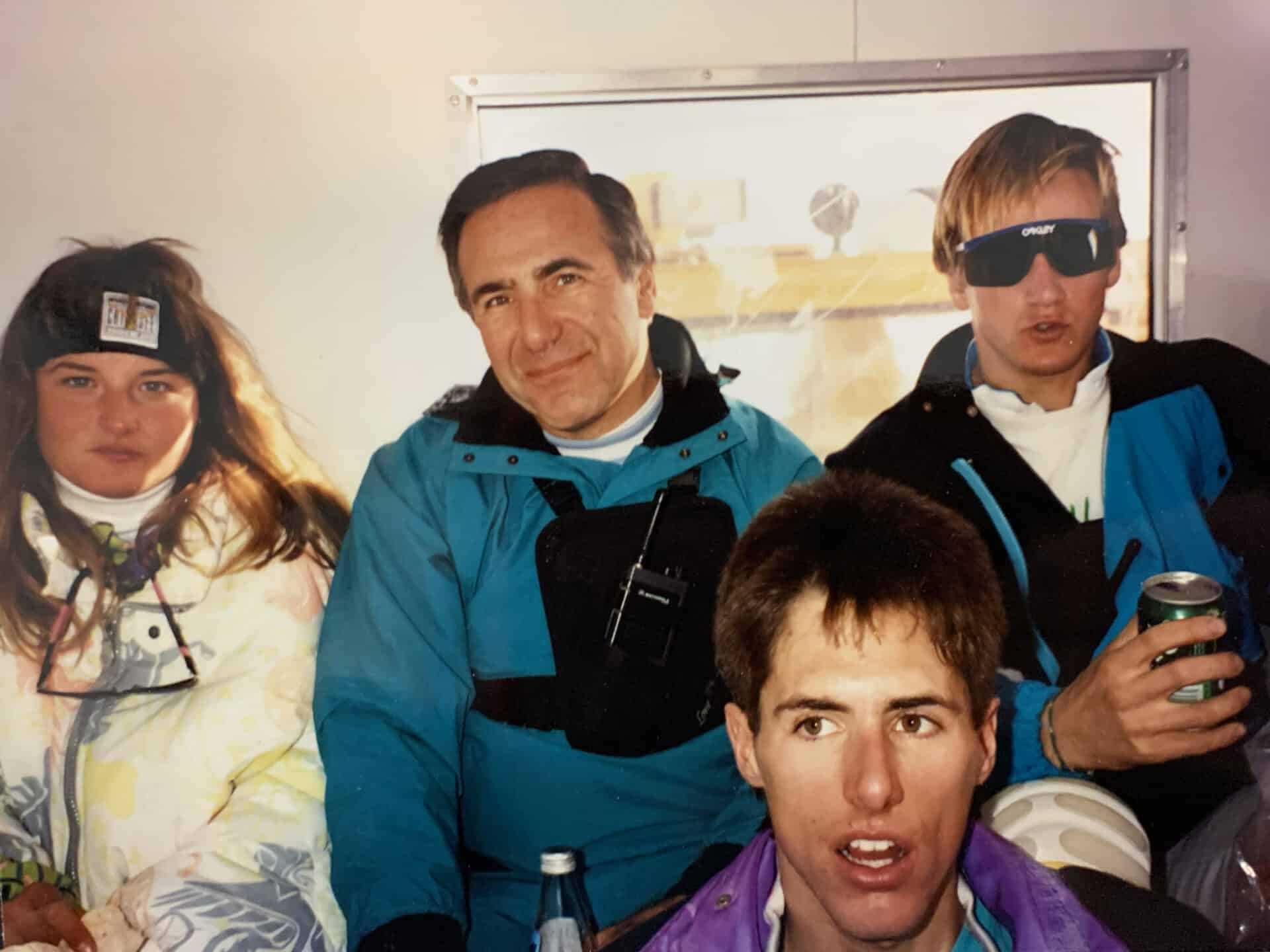 OREM, Utah (April 15, 2026) — Snowboard industry pioneer Paul Alden died on April 9, 2026, at age 89. Here he is (second from left) during his stint at Burton Snowboards from 1984-1990 with Craig Kelly (right), considered the “Godfather of Freeriding,” Eveline Schnorf-Wirth (left), one of the most influential women in snowboarding, and two-time snowboarding world champion Mark Heingartner (front), one of Burton Snowboard’s first riders. (Photo courtesy of the Alden family)