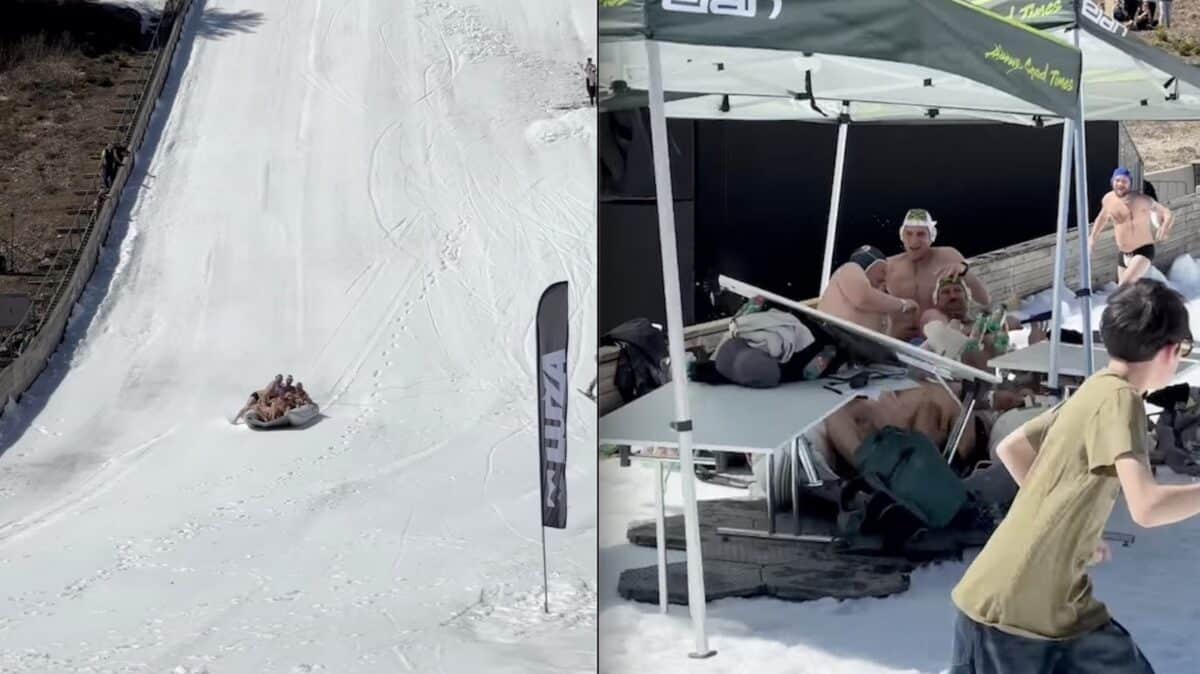 Slovenian Pond Skim Turns To Chaos As Inflatable Boat Crashes Into Tables