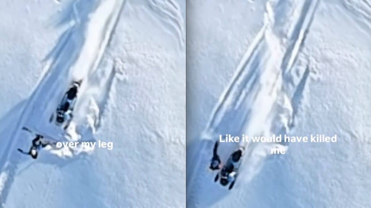 Skier Barely Misses Dead-On Collision With Snowmobile While Riding In The Backcountry