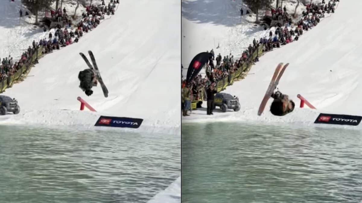 Skier Barely Misses Pond Skim Double Front Flip in Alaska