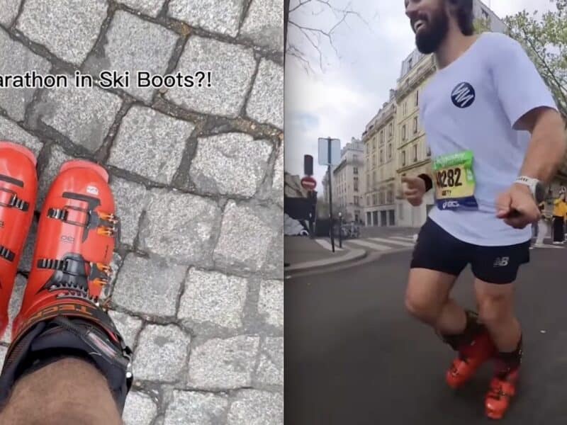 Running the Paris Marathon in ski boots.