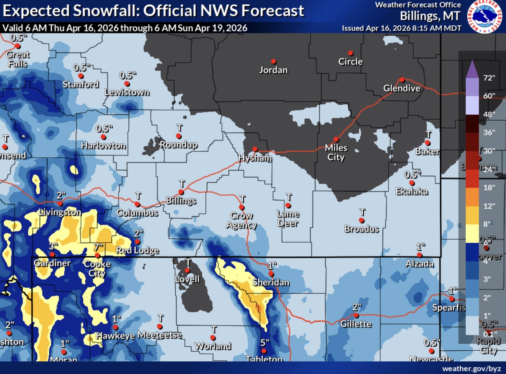 Expected snowfall forecast for Wyoming and Montana.