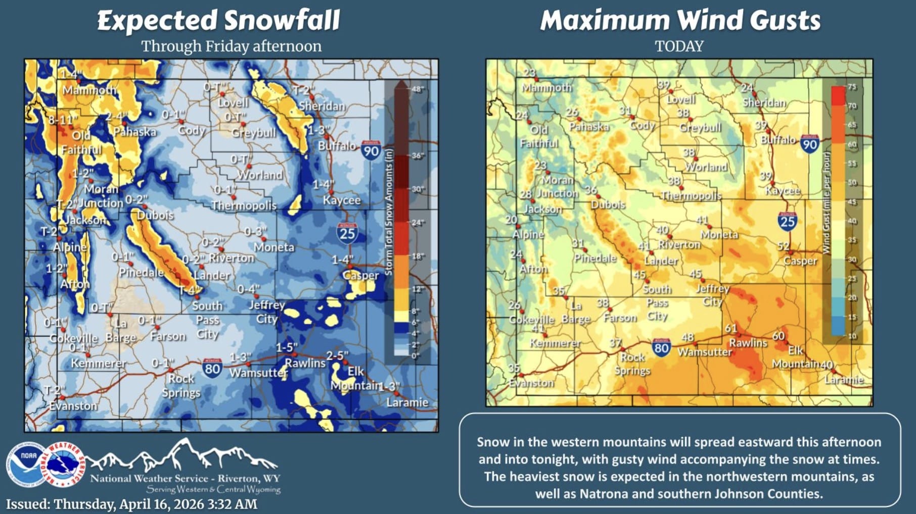 Snowfall and wind expectations for Wyoming.