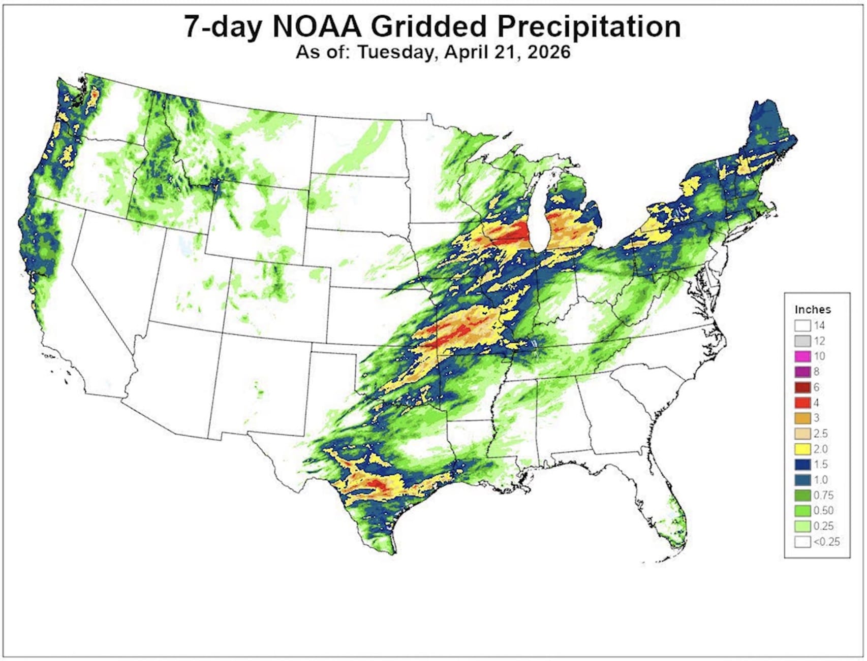 7-day NOAA gridded precipitation (as of Tuesday, April 21st).
