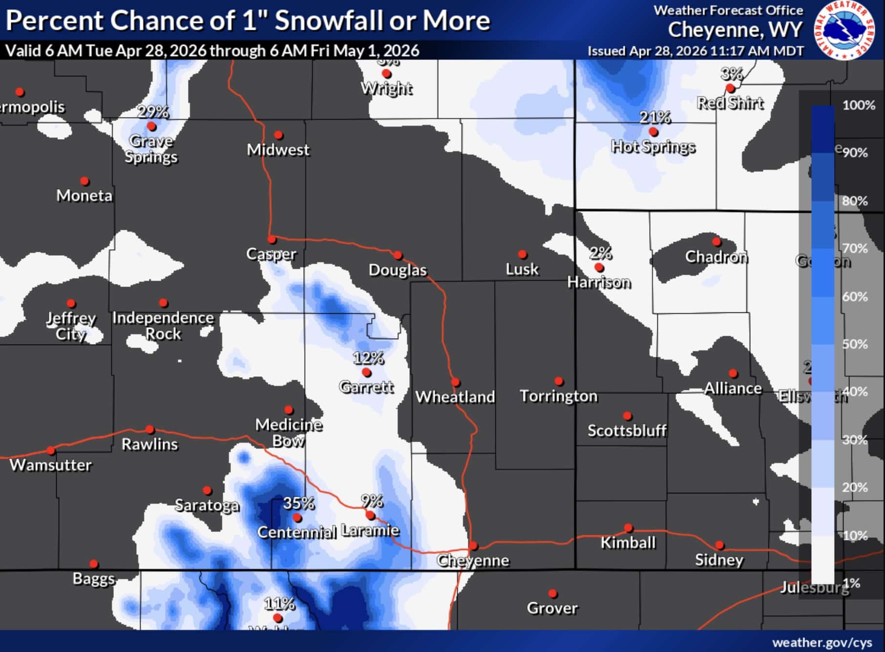 % chance of 1 inch or more of snowfall.