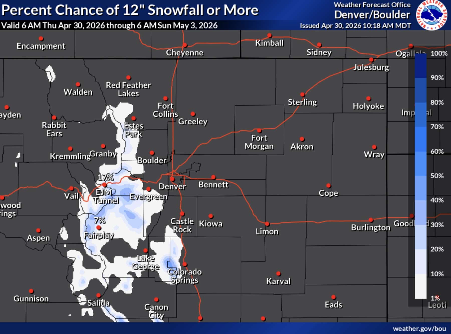 % chance of 12" or more of snowfall between Thursday, April 30th, and Sunday, May 3rd.