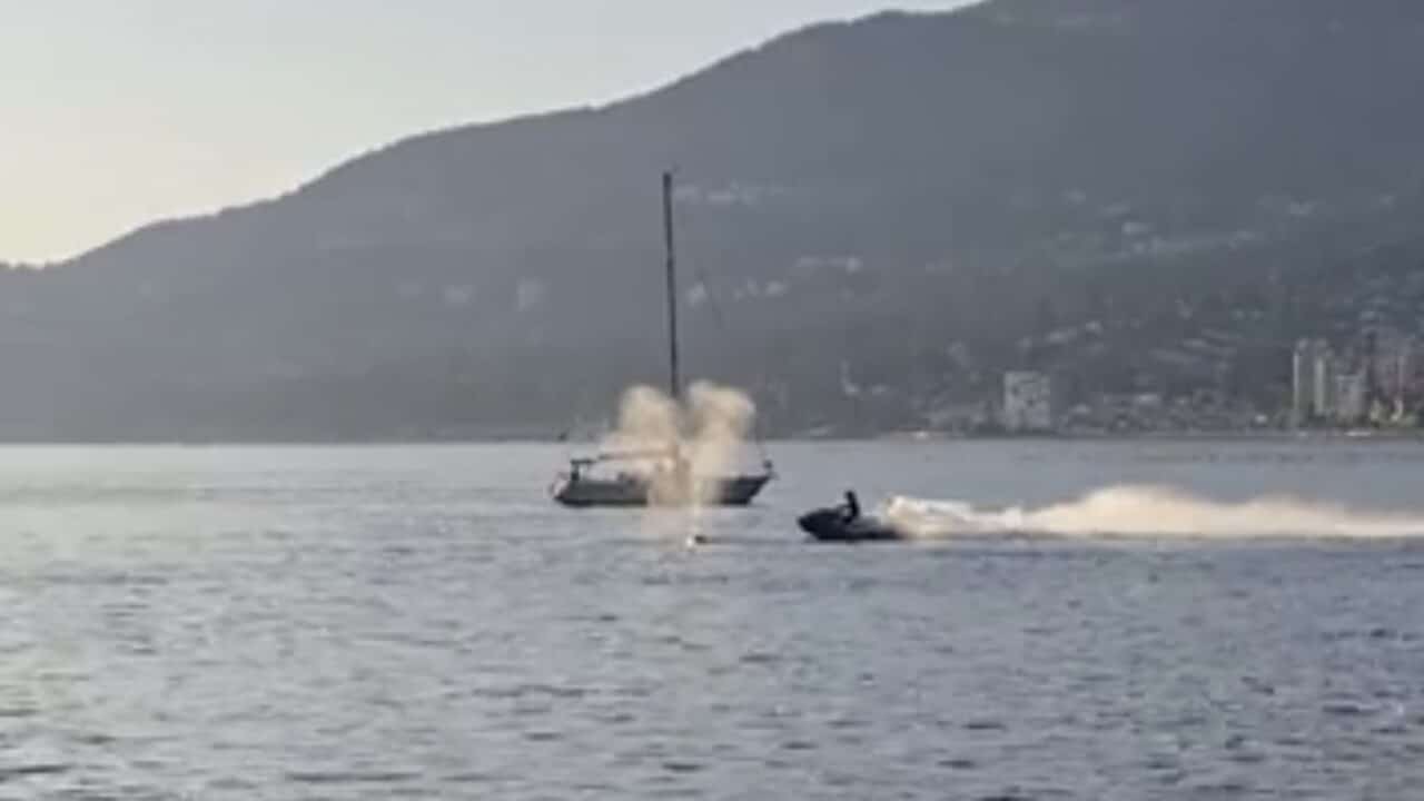 Jet skier strikes breaching whale off the Vancouver coast.