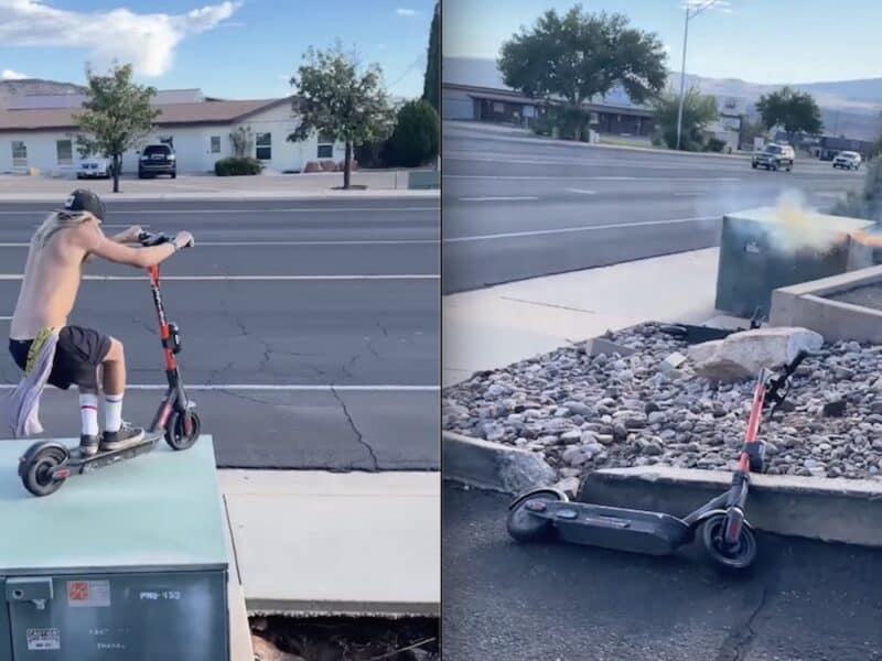 Scooter stunt leads to transformer explosion.