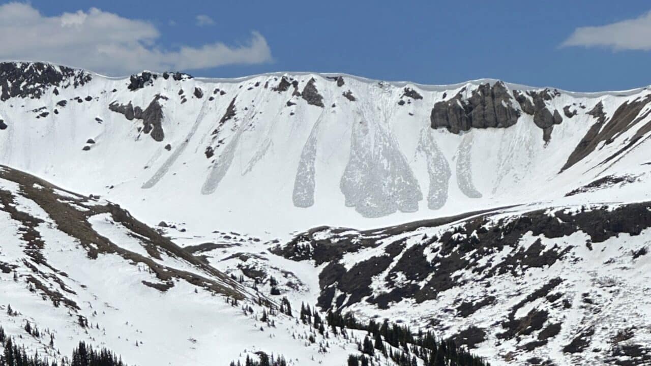 Loose wet avalanches on north-facing slopes above treeline near the top of Independence Pass.