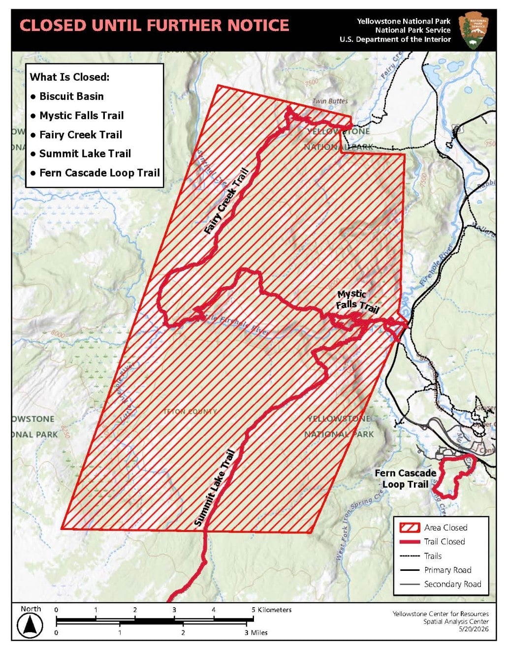 Trail closures in Yellowstone National Park.