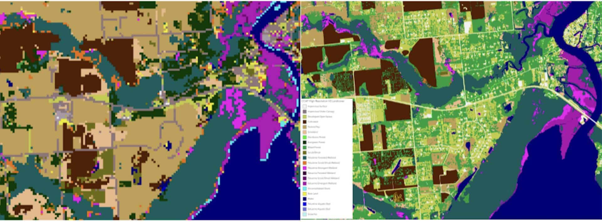 These comparative graphics are of the northern end of Weeks Bay in Alabama, displaying the difference between the 30-meter-resolution land cover (LEFT) and the new, more detailed 1-meter, high-resolution map NOAA is issuing (RIGHT).