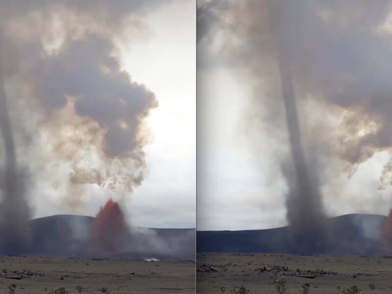 Tornado-like whirlwind by spouting lava in Hawai'i Volcanoes National Park.