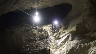 Biking through an abandoned mine in Slovenia.