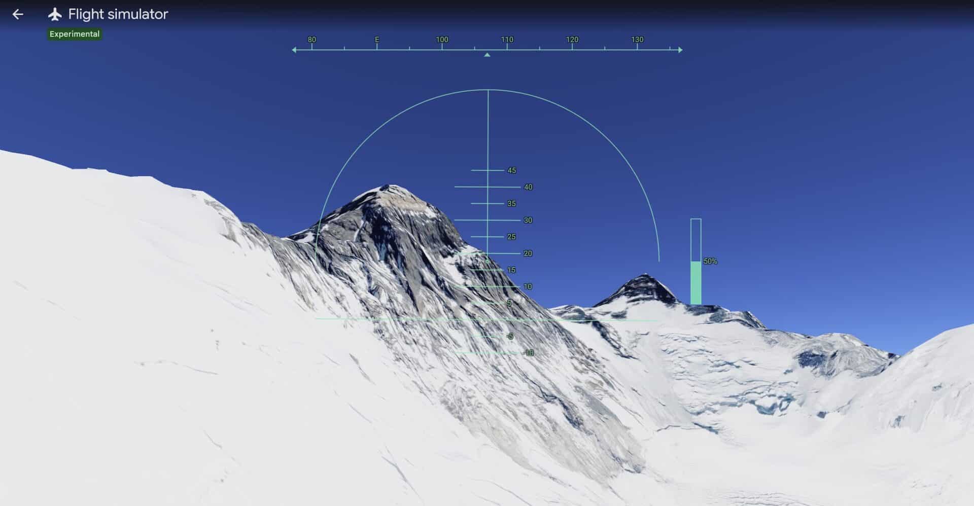 Flying over Everest in Google Earth Flight Simulator.