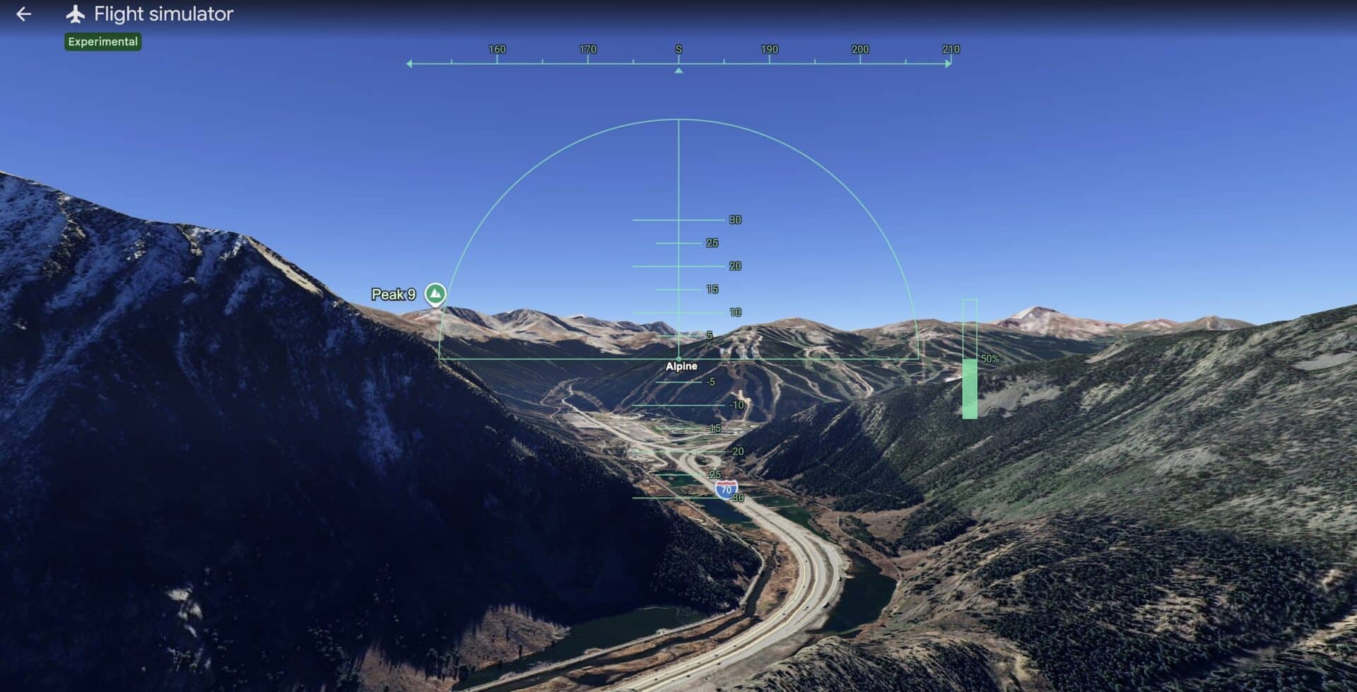 Flying over Copper Mountain in Colorado in Google Earth Flight Simulator.