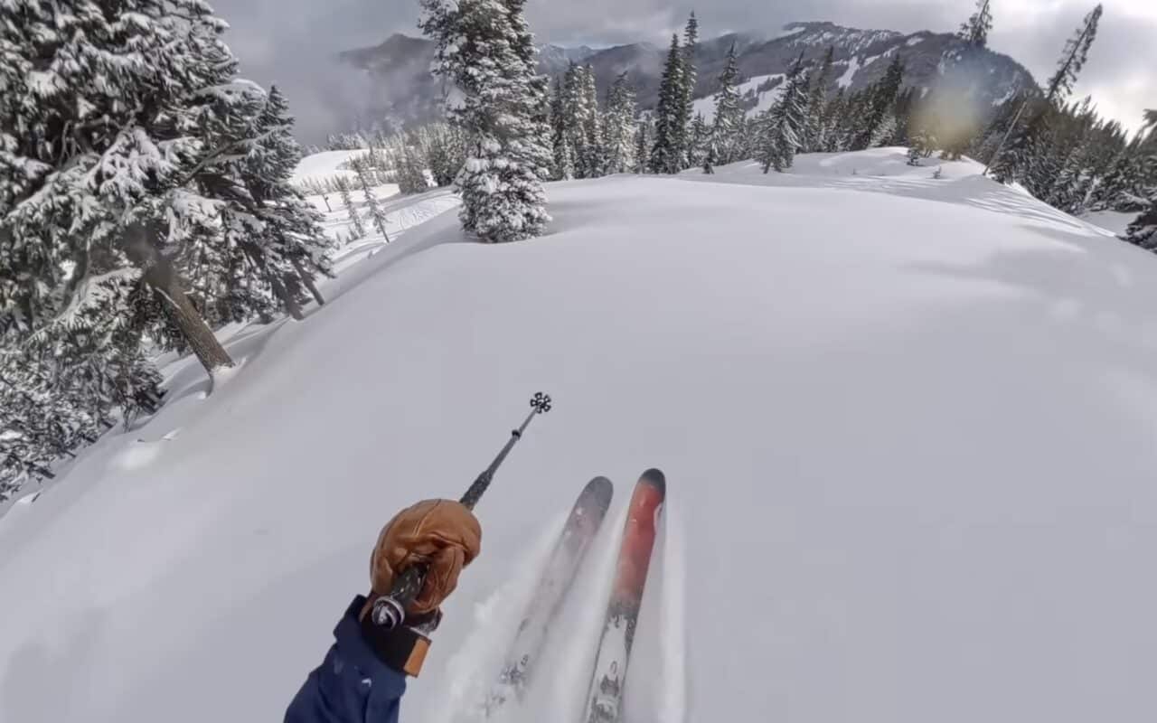 Skiing powder, one of the many types of snow on the mountain.