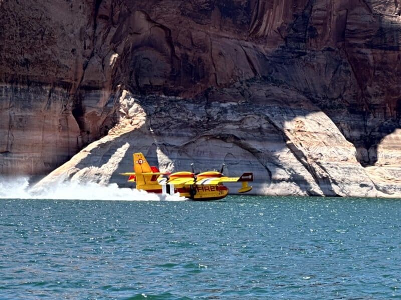 Fixed wing Super Scooper taking water from Lake Powell for previous fire suppression operations.