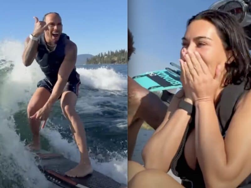 Lewis Hamilton surfs to a cheering Kim Kardashian
