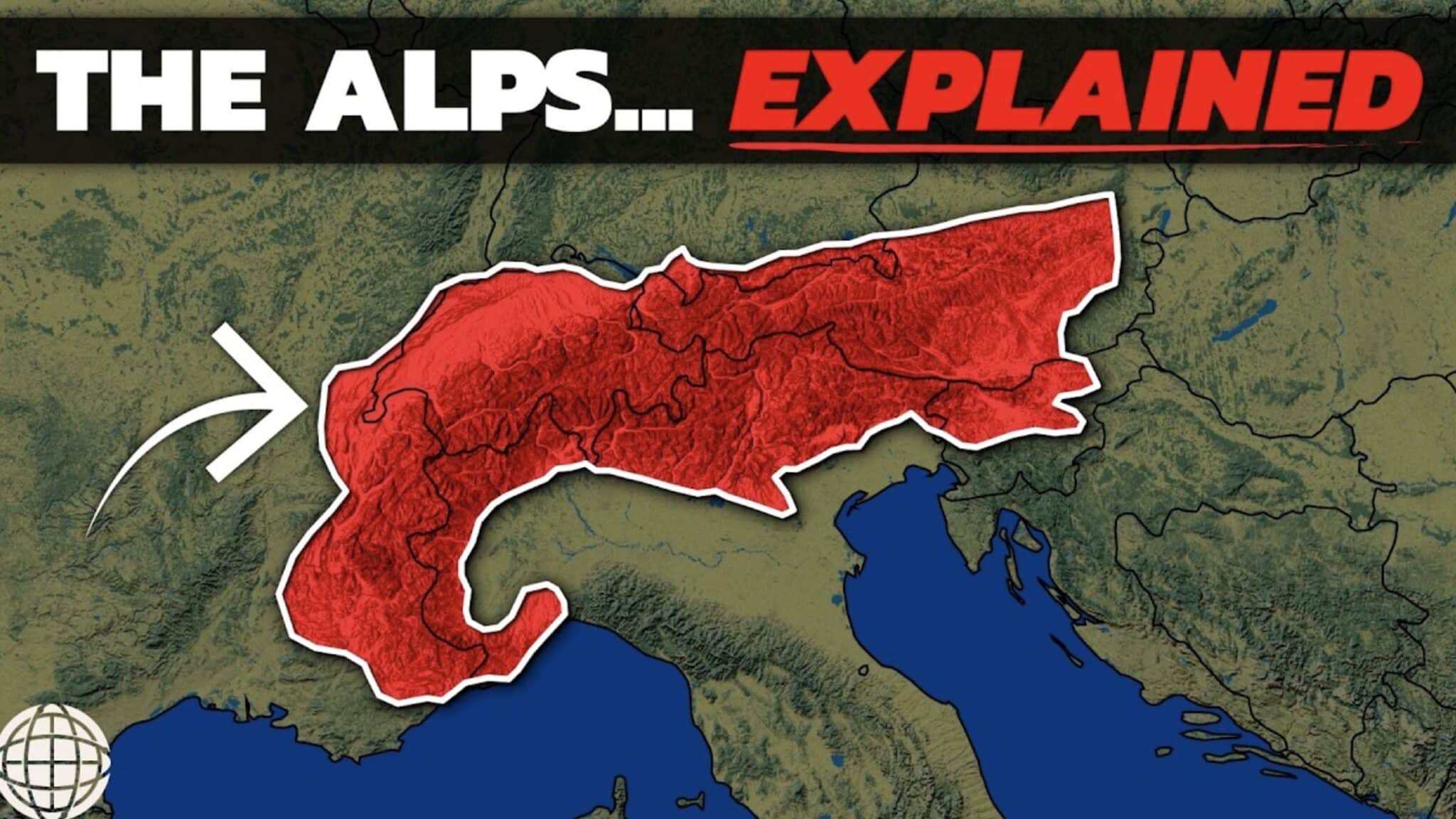 Map of the Alps highlighted in red with surrounding terrain.